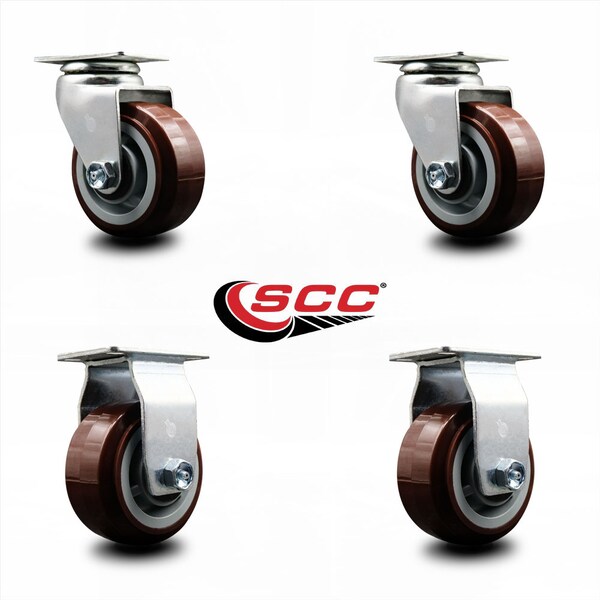 4 Inch Poly on Polyolefin Caster Set with Ball Bearings 2 Swivel 2 Rigid SCC